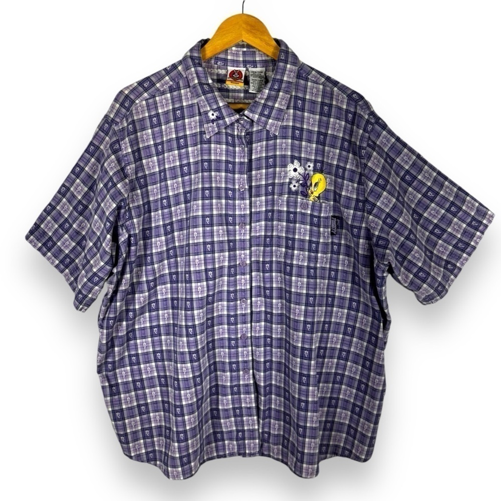 Looney Tunes Vintage Tweety Embroidered Button Up Top, Lilac Plaid, Size 26/28W